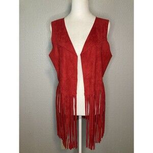 Faux Leather Suede Fringe Vest Womens Red Hippie Boho Western Festival One Size